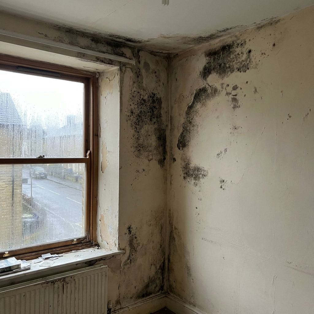 Black mould in the corner of a UK home caused by damp and condensation